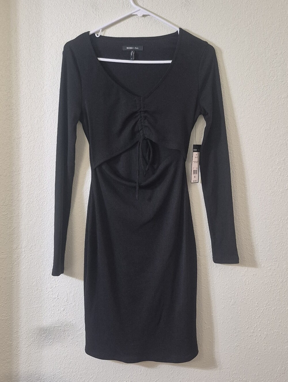 BCBG Paris Black Long Sleeve Ruched Front Bodycon Dress